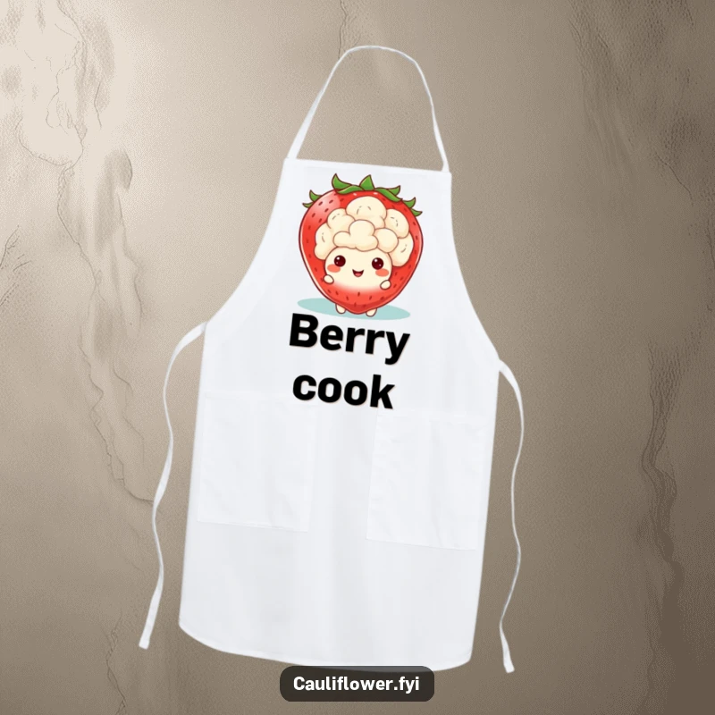 Funny Kawaii Cauliflower Apron: A cooking apron with a cauliflower peeking from behind a large smiling strawberry, bringing a fun fruity vibe.