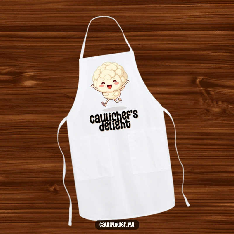 Funny apron with a fluffy, smiling kawaii cauliflower character doing a joyful skip, perfect for kitchen cheer.