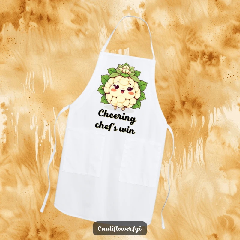 Funny happy Kawaii cauliflower cheering with a leafy pom-pom, a humorous and functional kitchen apron.