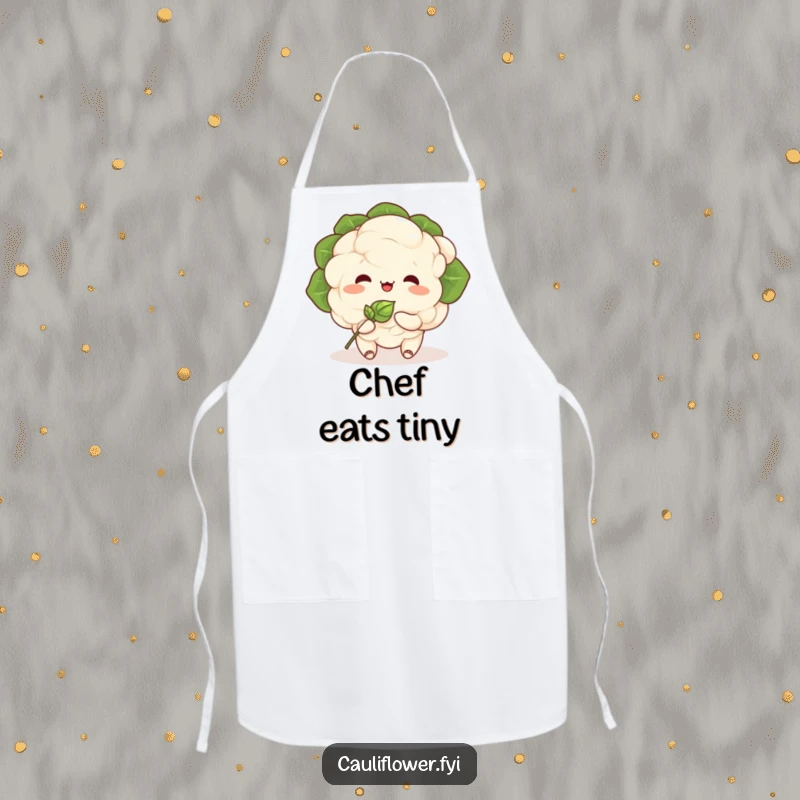 Funny Kawaii cauliflower character happily eating a smiling sprout while wearing a chef's hat on a humorous apron.