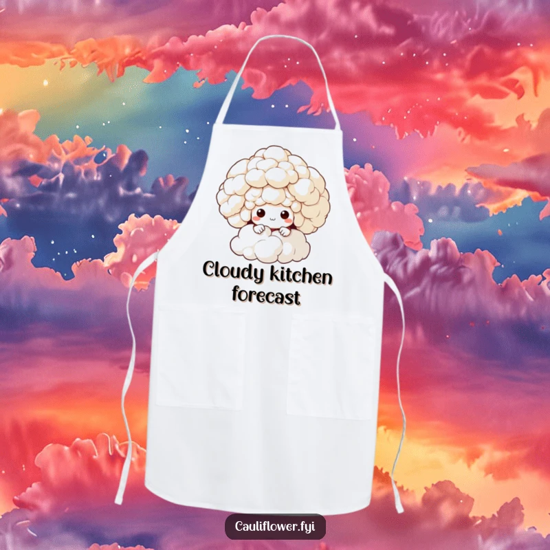 Funny apron with a cauliflower character peeking from behind a cloud, bringing humor to the kitchen.