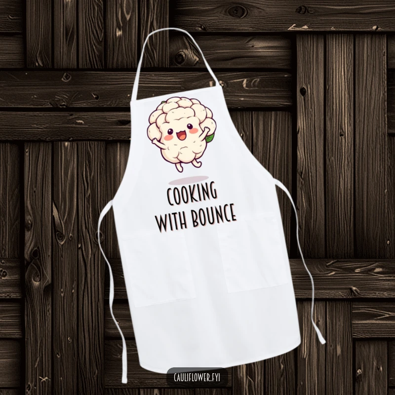 Funny kawaii cauliflower apron showing a joyful hop with a bounce, humorous kitchen wear.