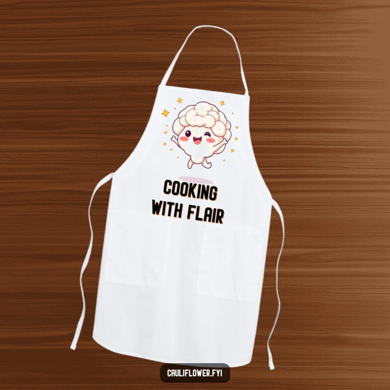 Funny apron showing a cauliflower character doing a happy jump, with little stars bursting around it.