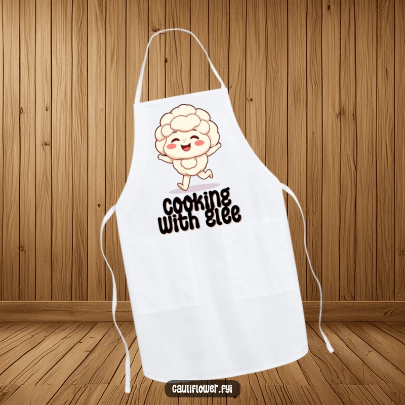 Funny Kawaii cauliflower apron featuring a giggling veggie with rosy cheeks happily skipping, adding fun to kitchen tasks.