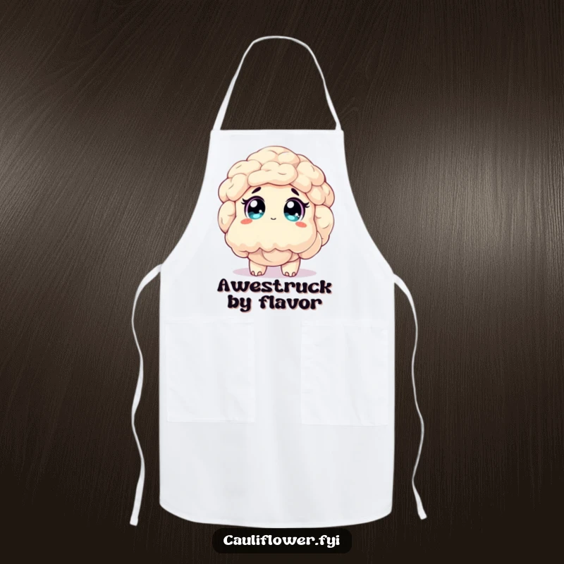 Funny apron of a cauliflower character looking up with wide, sparkling eyes, full of wonder and culinary curiosity.