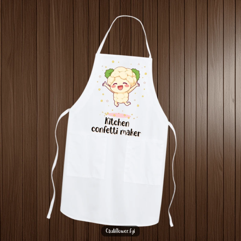 Funny apron with a cauliflower character joyfully leaping, scattering tiny florets like confetti, designed for kitchen fun and veggie cheer.