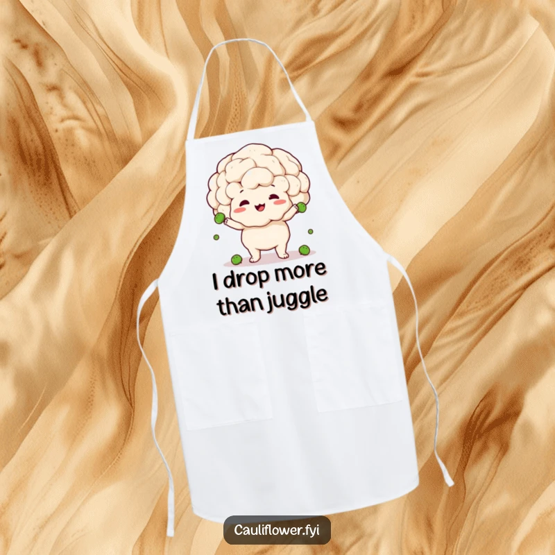 Funny apron with a cauliflower hilariously juggling peas, showing clumsy delight, ready to add humor to any cooking session.