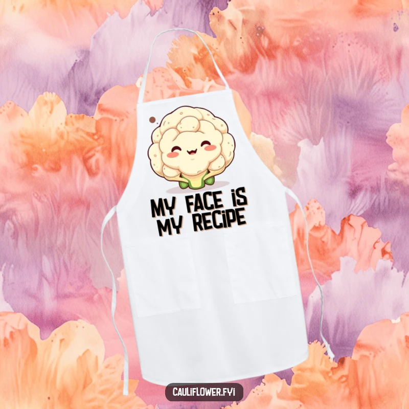 Funny apron with a cauliflower making an outrageous face inside a speech bubble, adding humor to culinary tasks.