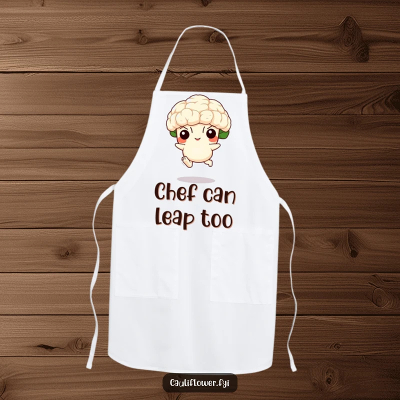 Funny apron showcasing a cauliflower with tiny feet leaping energetically, perfect for adding humor to kitchen activities and cooking.