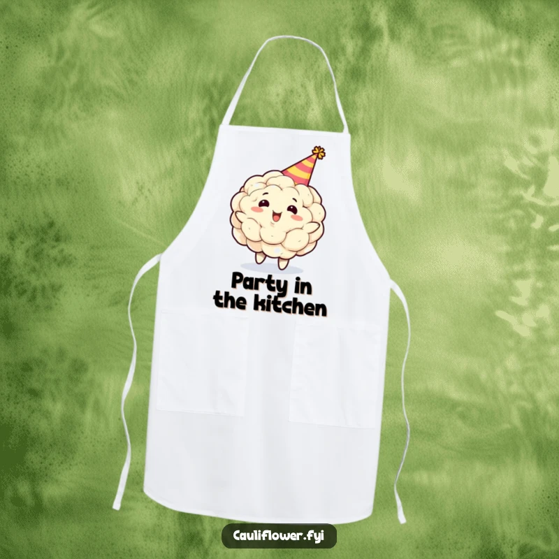 Funny cauliflower character wearing a party hat, spinning gleefully on an apron, ready to add humor to kitchen tasks and cooking sessions.