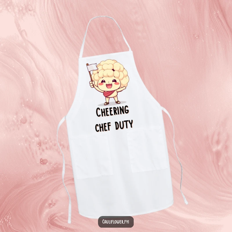 Funny apron of a cauliflower character energetically waving a small flag while cooking, adding cheer to the kitchen.