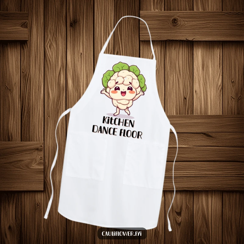 Funny apron of a cauliflower character doing a silly dance, florets wobbling, adding a humorous touch to culinary creations.