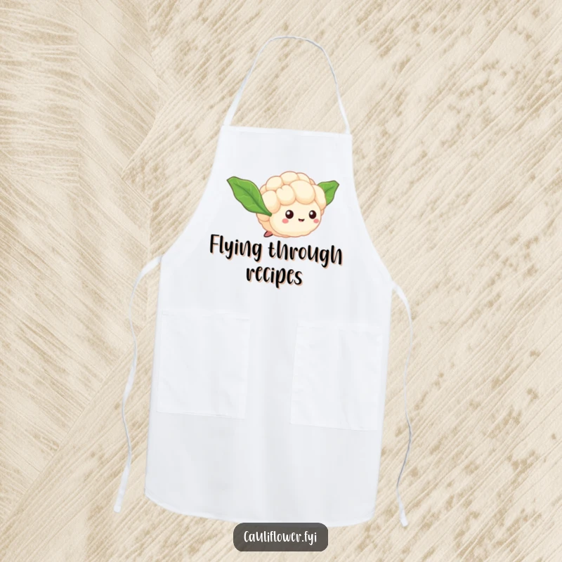 Funny Cauliflower Floret Apron featuring a tiny veggie with leaf wings, humorously attempting flight while protecting the wearer.