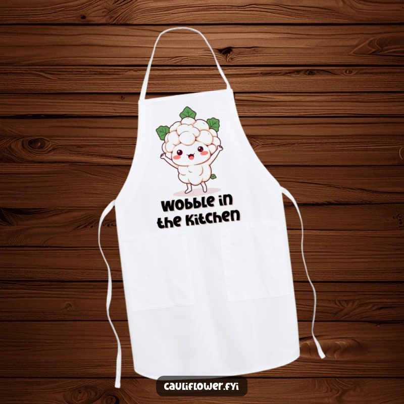 Funny Kawaii cauliflower character dancing while wearing a chef's hat, ready to cook on a humorous kitchen apron.