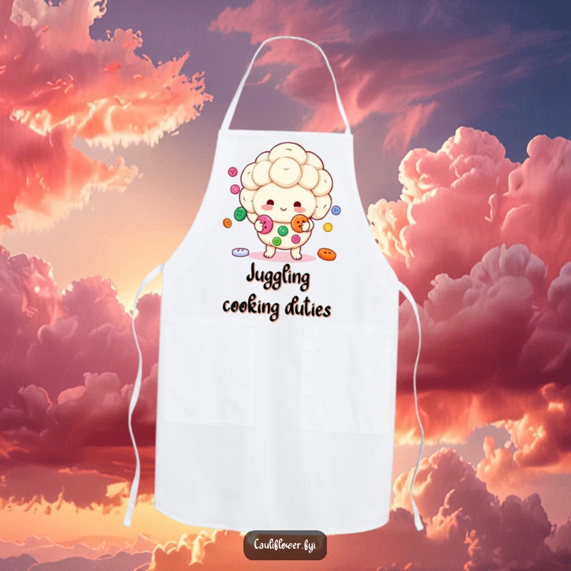 Funny Kawaii cauliflower character cheerfully juggling buttons while wearing a chef's hat on a humorous apron.