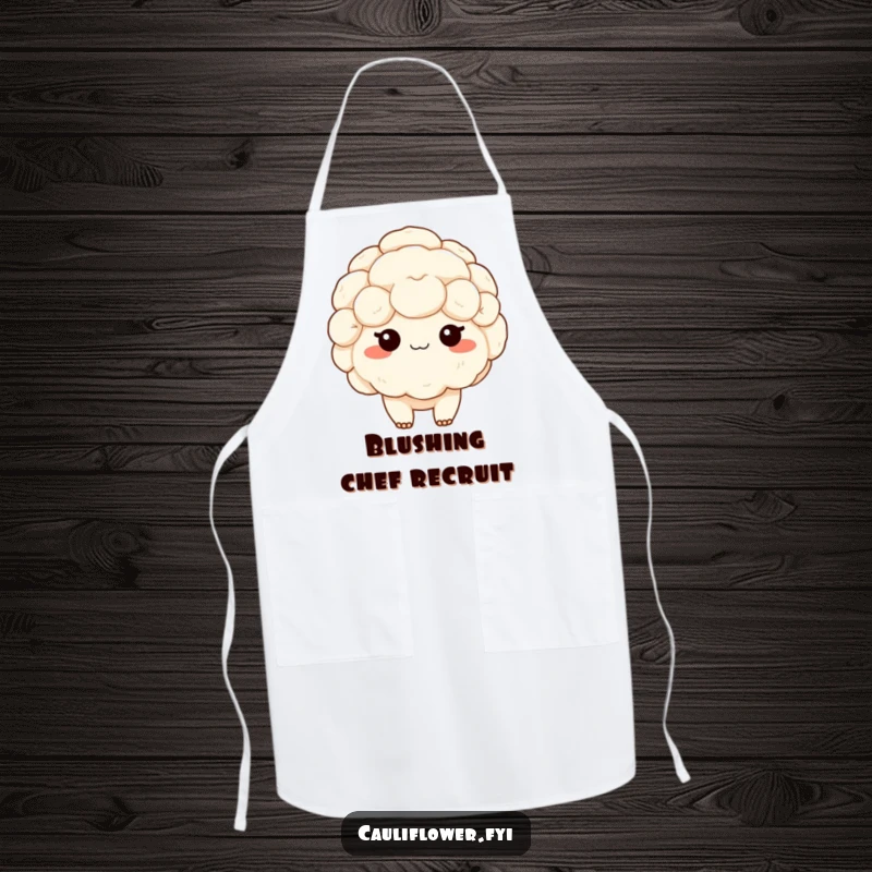 Funny apron featuring a shy kawaii cauliflower blushing, perfect for adding sweet charm and gentle humor to any kitchen.