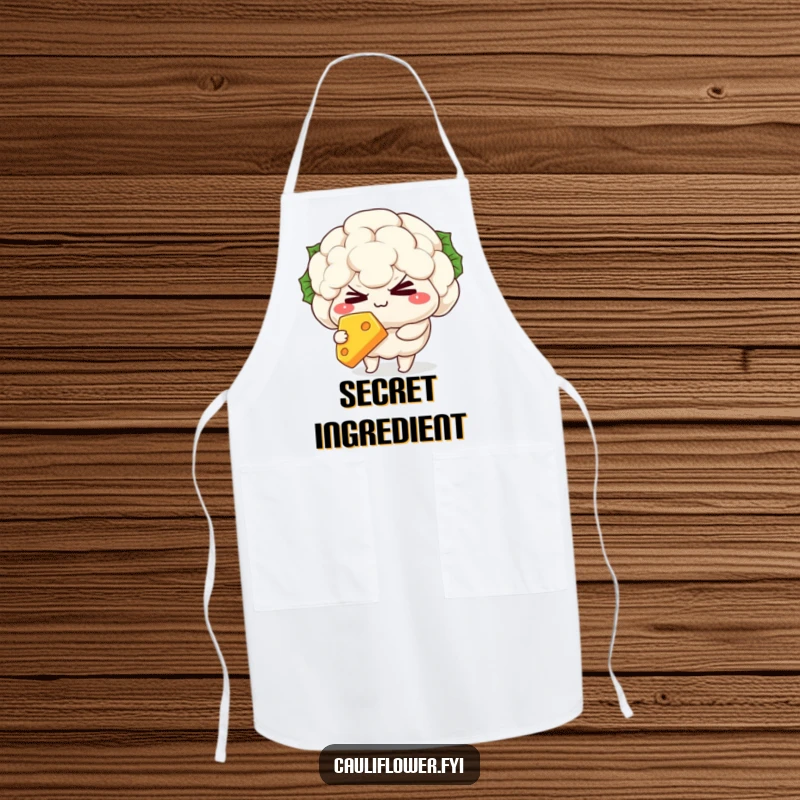 Funny Apron showcasing a mischievous kawaii cauliflower character winking while holding a slice of cheese, ready for kitchen fun.
