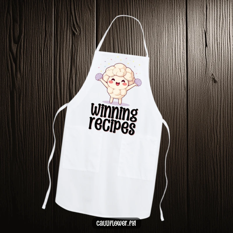 Funny Apron showcasing a kawaii cauliflower character in a chef hat, cheering with pom-poms and confetti, ready for culinary fun.