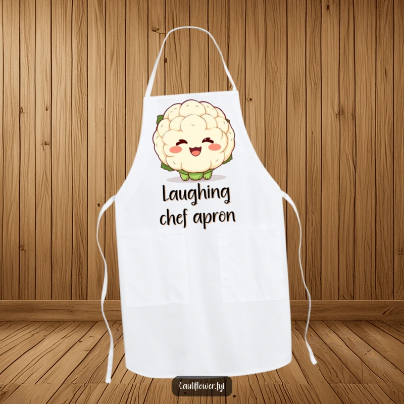Funny apron with a kawaii cauliflower showing exaggerated laughter lines, perfect for adding infectious joy and humor to any kitchen.