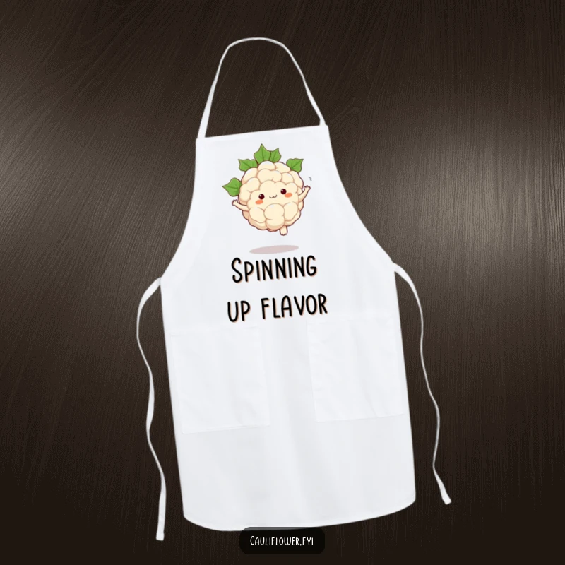 Funny apron depicting a kawaii cauliflower performing a comical pirouette with leaves swirling around it prettily.