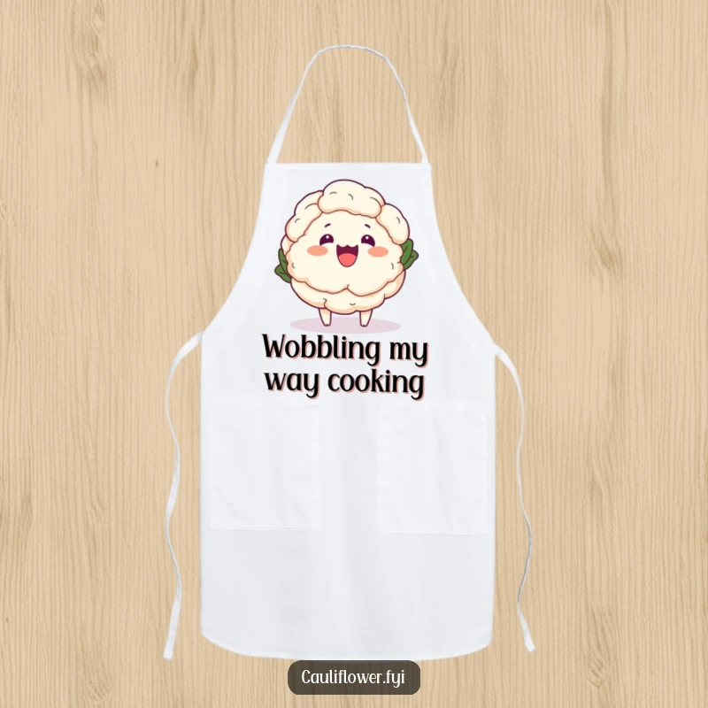 Funny Kawaii Cauliflower Apron - A cute cartoon cauliflower doing a funny wobble while cooking, perfect for humorous kitchen wear.