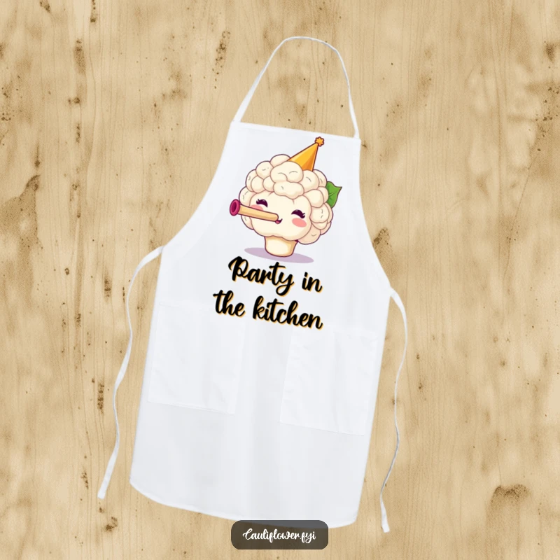 Funny Cauliflower Apron featuring a festive veggie wearing a party hat and blowing a horn, perfect for party chefs.