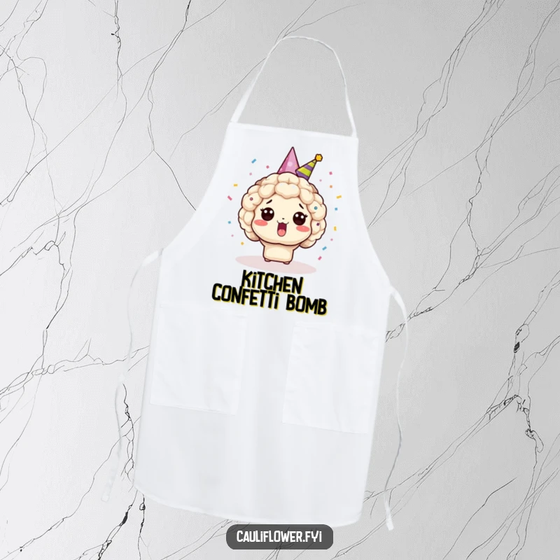 Funny Kawaii cauliflower wearing a party hat, surprised by confetti, a humorous and functional apron.