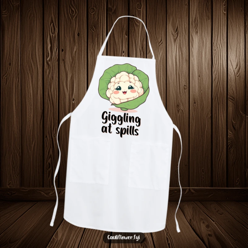 Funny Cauliflower Apron featuring a shy veggie peeking from behind a leaf, giggling playfully, perfect for kitchen mischief.