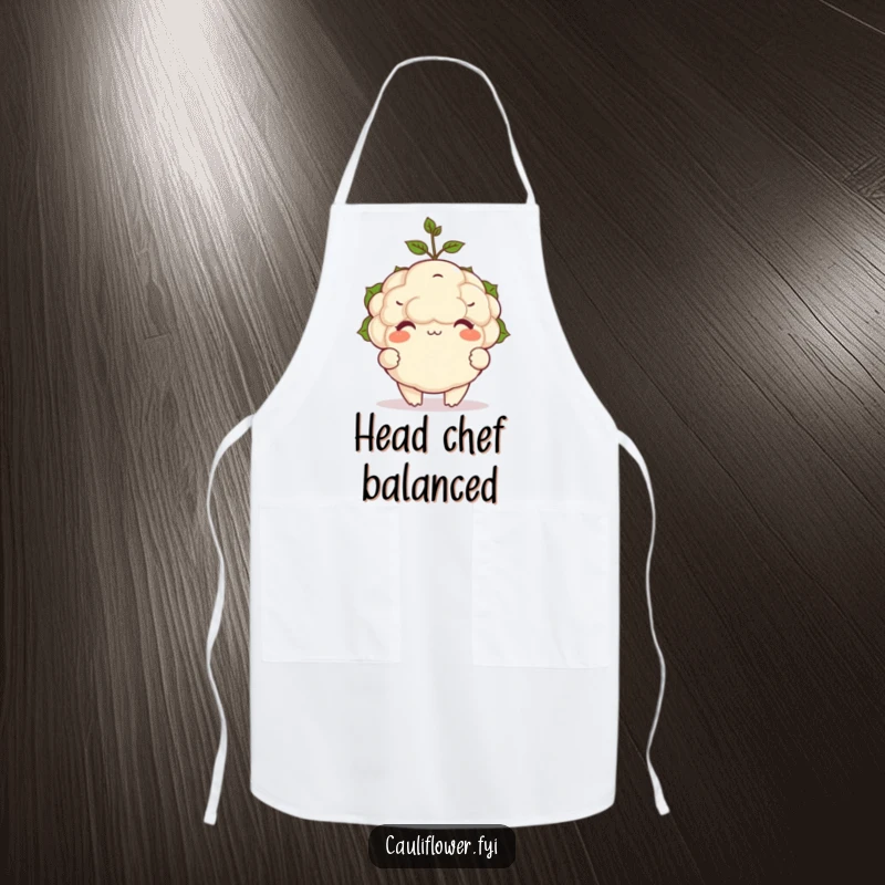 Funny apron depicting a happy cauliflower balancing a small sprout on its head, ready for kitchen fun.