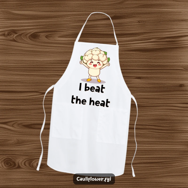 Funny cauliflower character, a vegetable race winner, featured on a kitchen apron, ready for cooking and humorous moments.