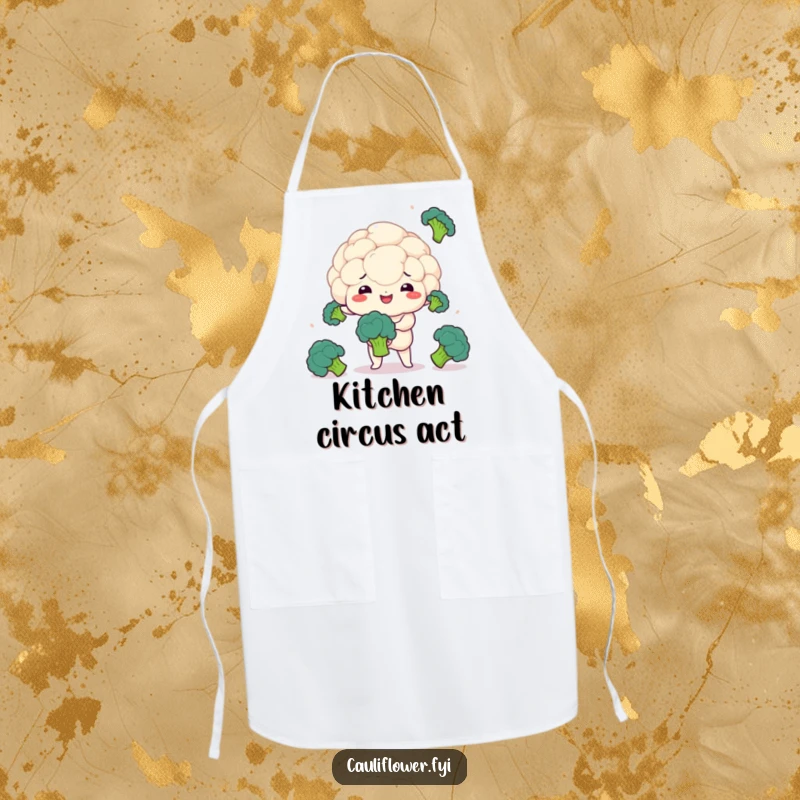 Funny apron with a kawaii cauliflower juggling broccoli, ideal for adding humor to the kitchen.