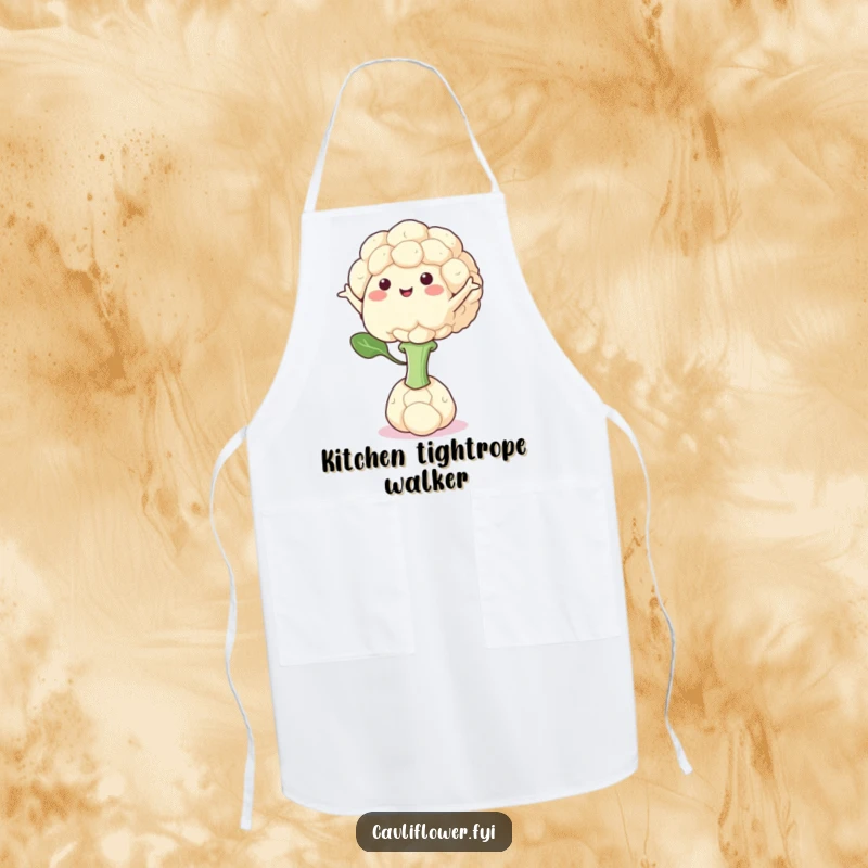 Funny apron showing a cauliflower character perfectly balanced on one floret, arms out, adding a touch of calm.