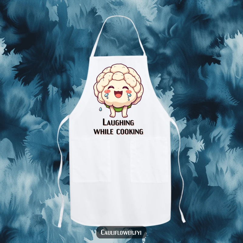 Funny cooking apron showing a kawaii cauliflower character laughing heartily, tears of joy streaming down, for amusing kitchen protection.