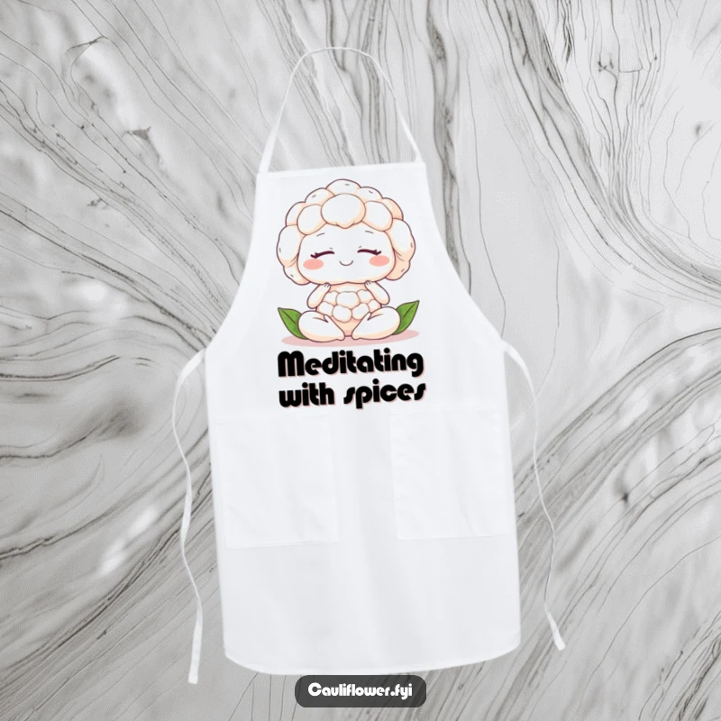 Funny cauliflower meditating peacefully, eyes closed with a smile, ready to keep you clean with zen.