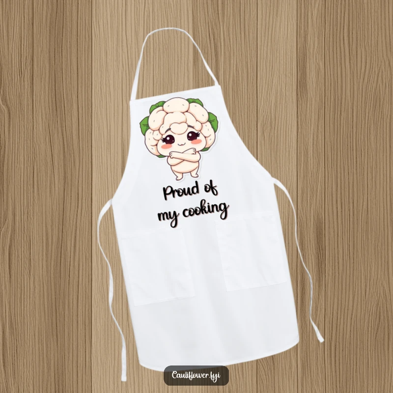Funny apron with a cauliflower head and arms crossed in a proud posture, perfect for adding confident humor to kitchen tasks.