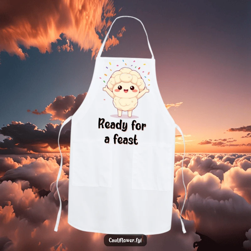 Funny Kawaii cauliflower apron with a happy veggie spinning confetti, adding a touch of playful joy to kitchen tasks.