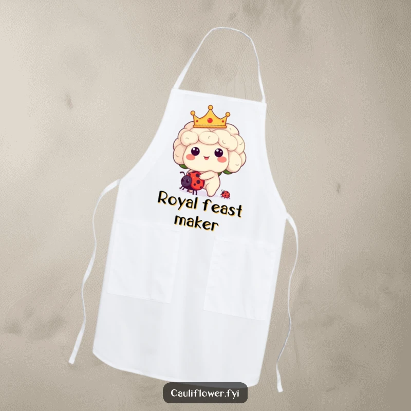 Funny Kawaii cauliflower character wearing a crown and riding a ladybug on a humorous kitchen apron.