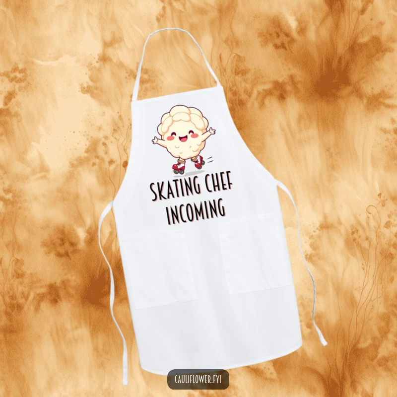 Funny apron showcasing a joyful cauliflower character roller skating while cooking, a humorous addition to any kitchen.