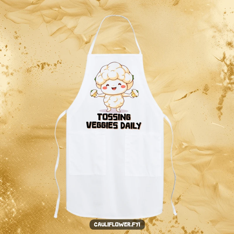 Funny apron showcasing a happy cauliflower character juggling florets, adding a humorous element to cooking and baking.