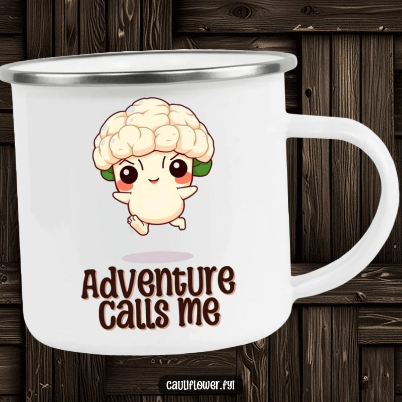 Funny camping mug featuring a cauliflower with tiny feet joyfully leaping, designed for rugged fun and outdoor humor.