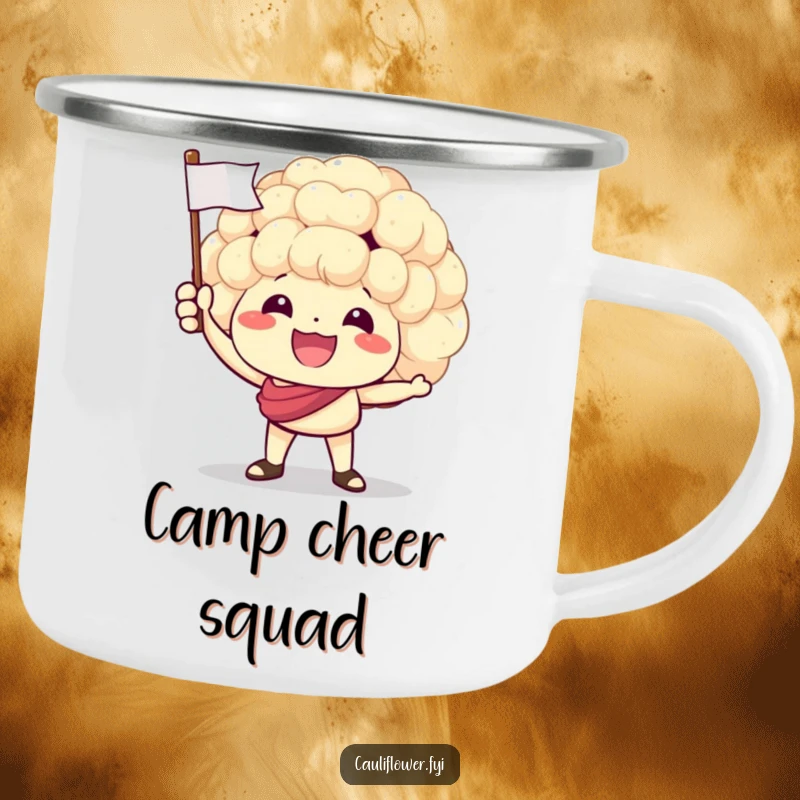 Funny camping mug of a happy cauliflower character waving a small flag, bringing cheers to outdoor adventures.