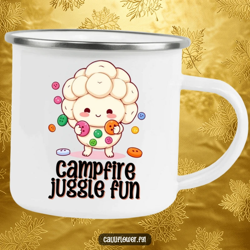 Funny Kawaii cauliflower character juggling colorful buttons on a durable camping mug for fun outdoor trips.