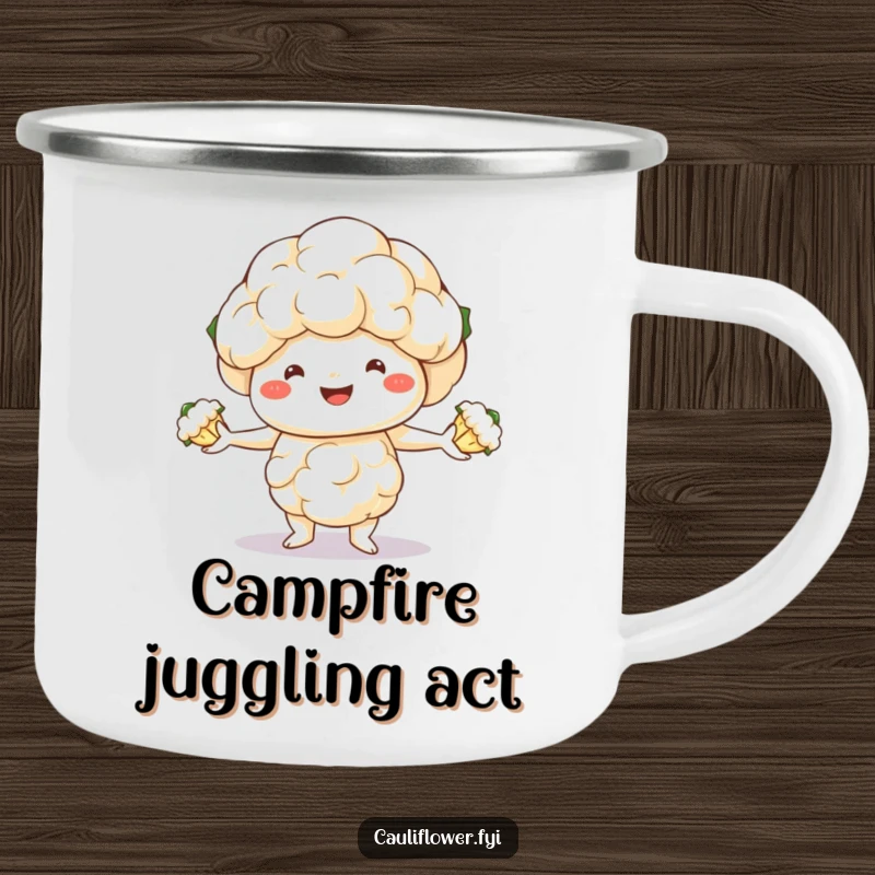 Funny camping mug with a smiling cauliflower juggling florets, designed for outdoor enjoyment and laughter.