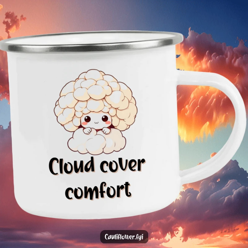 Funny camping mug with a cauliflower character peeking from behind a cloud, perfect for outdoor enjoyment and humorous discovery.