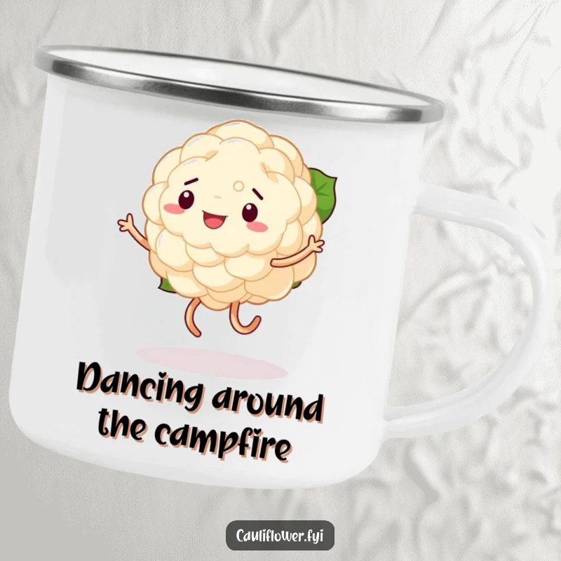 Funny camping mug showing a cauliflower enthusiastically dancing with shaky legs, perfect for outdoor laughs and warm beverages.