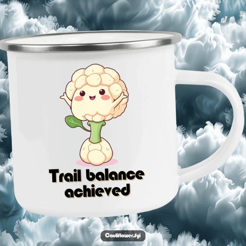 Funny camping mug featuring a cauliflower character balancing on one floret, arms out for stability.