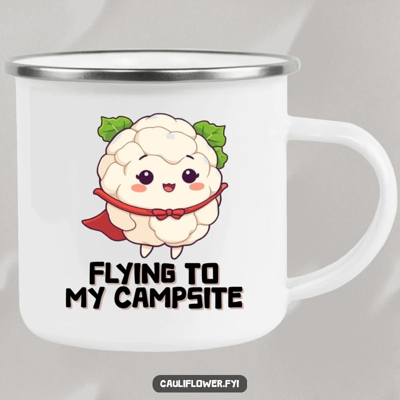 Funny camping mug showing a cauliflower with a flowing cape, pretending to fly, perfect for outdoor laughs and warm beverages.
