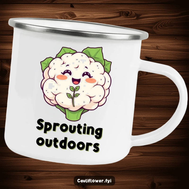 Funny camping mug with a smiling cauliflower watching a tiny, happy cauliflower seedling sprout, ready for outdoor cheer.