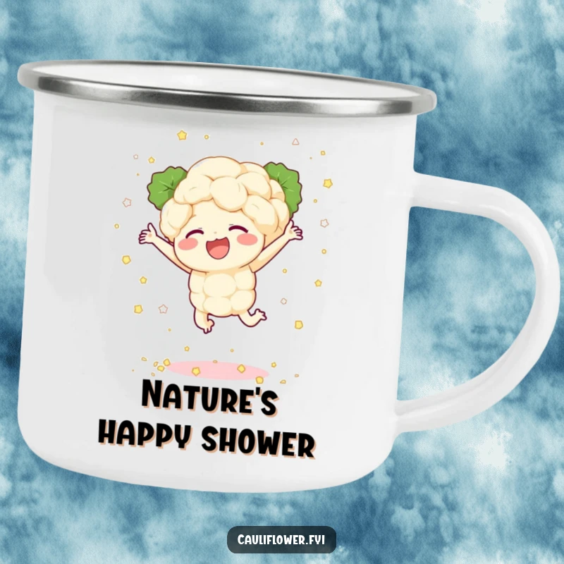 Funny enamel camping mug with a cauliflower character joyfully leaping, scattering tiny florets like confetti, ideal for outdoor cheer.