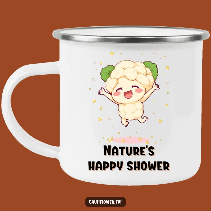 Funny Cauliflower Camping Mug: Joyful Leaper, Confetti, Outdoor Gift
